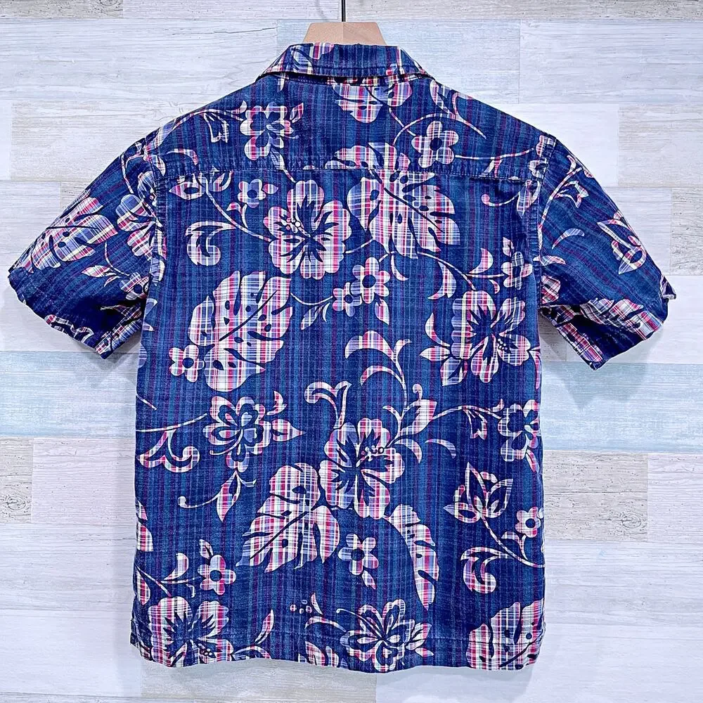 GAP Vintage 90s Tropical Floral Hawaiian Camp Shirt Blue Red Boys Small 5 6